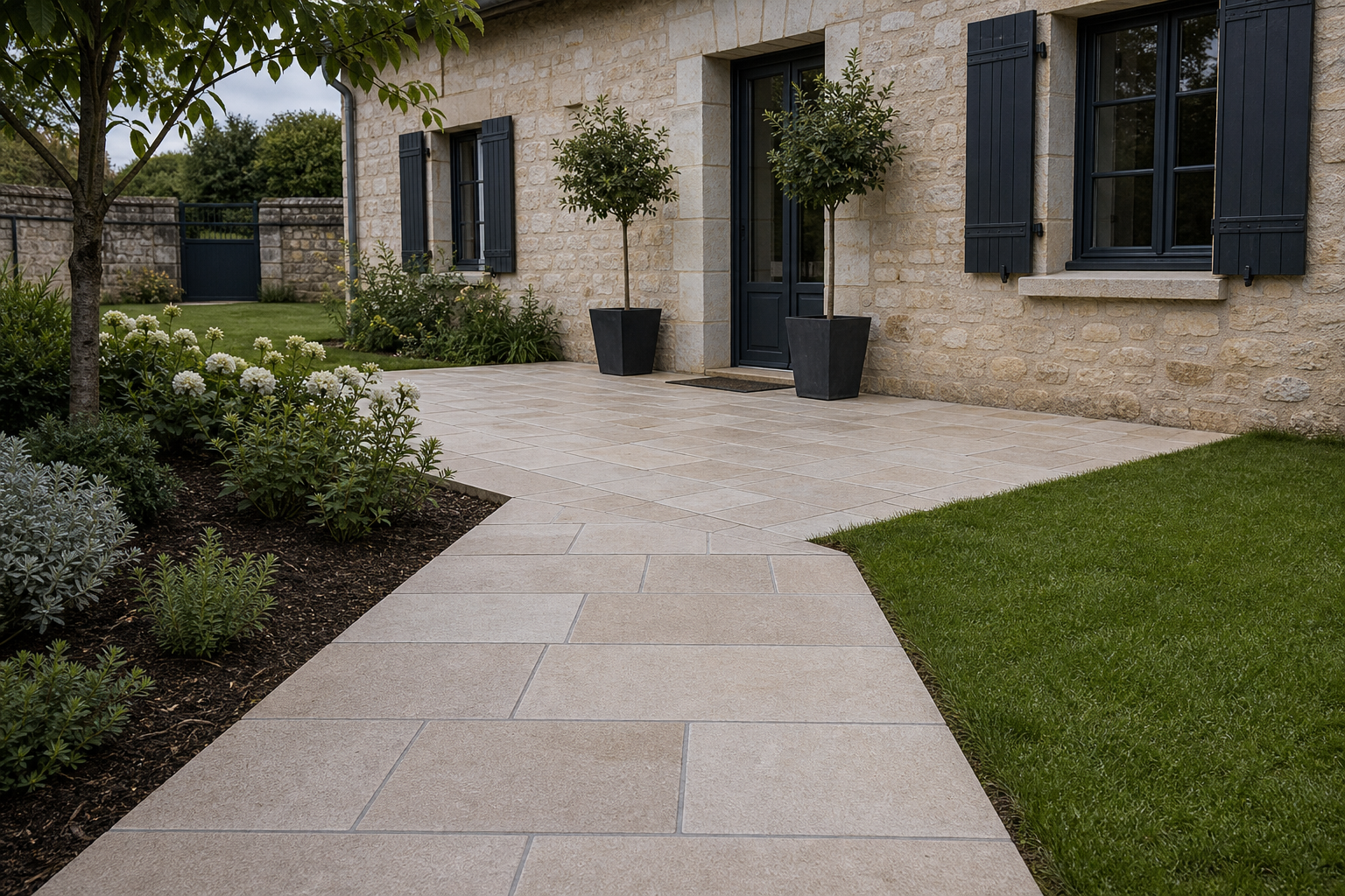 Allée piétonne et petite terrasse en dalles de pierre devant une maison
