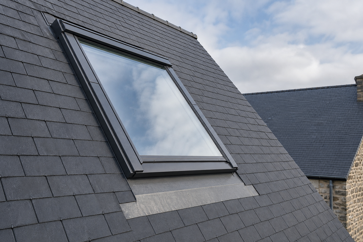 Fenêtre de toit type VELUX intégrée à une couverture en ardoise