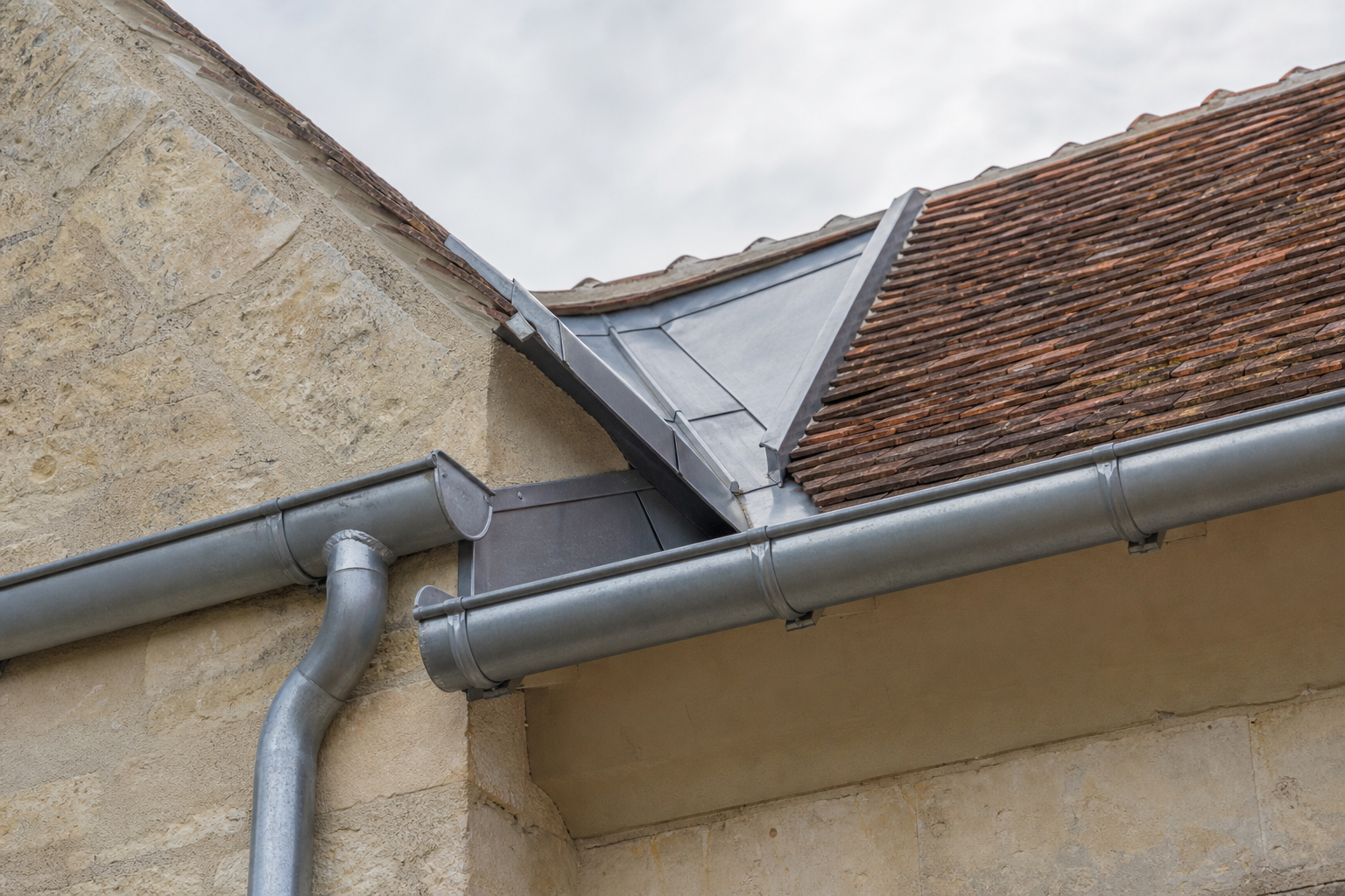 Gouttières, noue et raccords en zinc sur une maison en pierre du Calvados