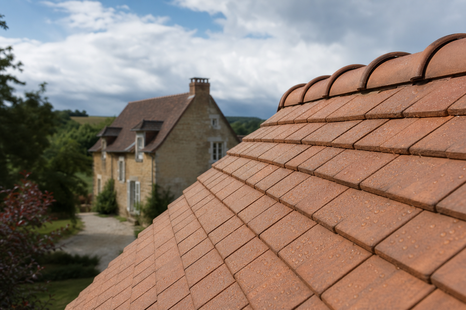 Tuiles en terre cuite protégées par un hydrofuge incolore avec effet perlant