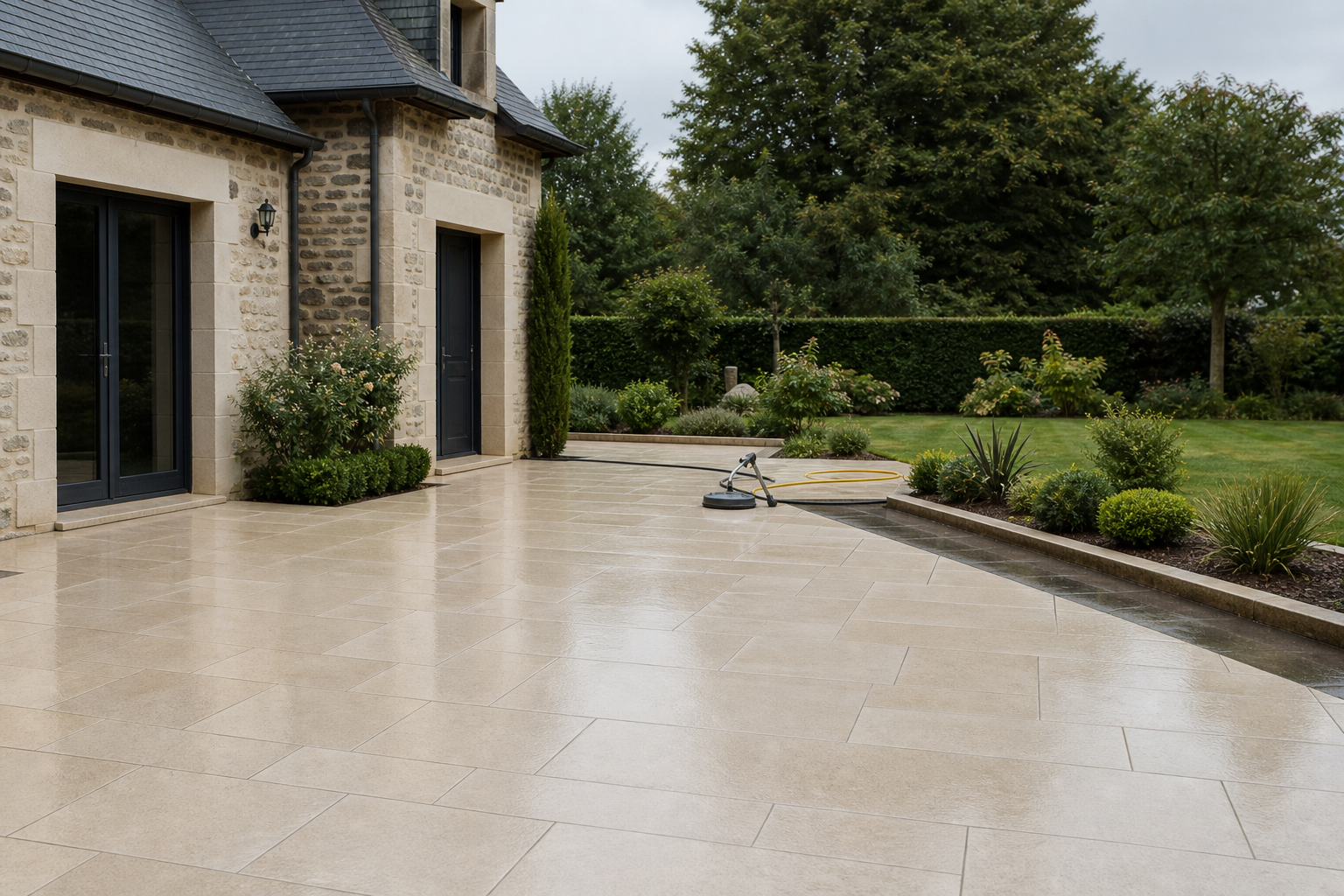 Terrasse en pierre nettoyée avec un équipement adapté aux surfaces extérieures