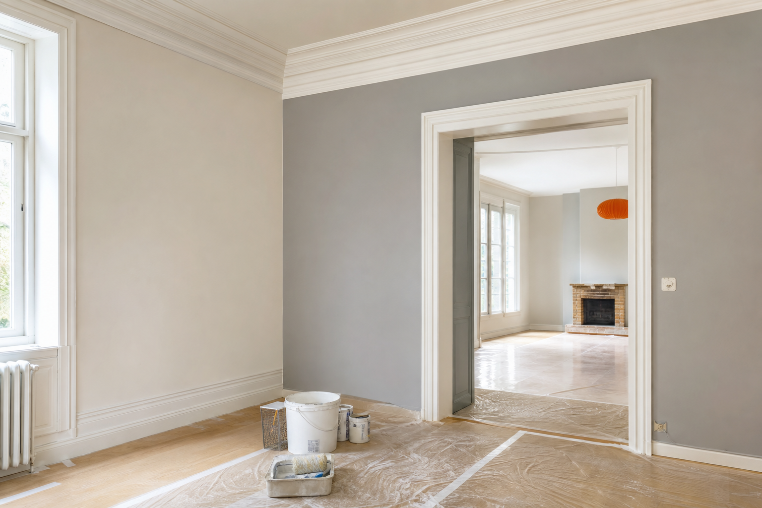 Pièce intérieure protégée et préparée pour des travaux de peinture
