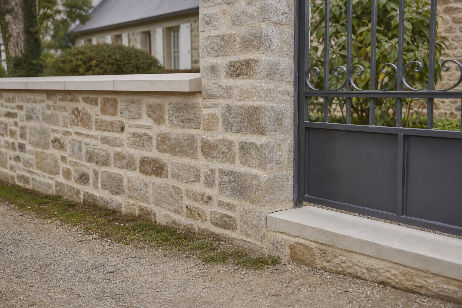 Muret en pierre et seuil de portail repris lors de petits travaux de maçonnerie